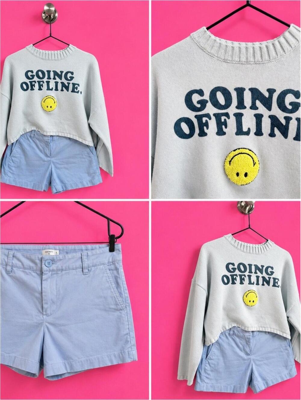 Light Gray 'Going Offline' Cropped Sweatshirt with Yellow Smiley
